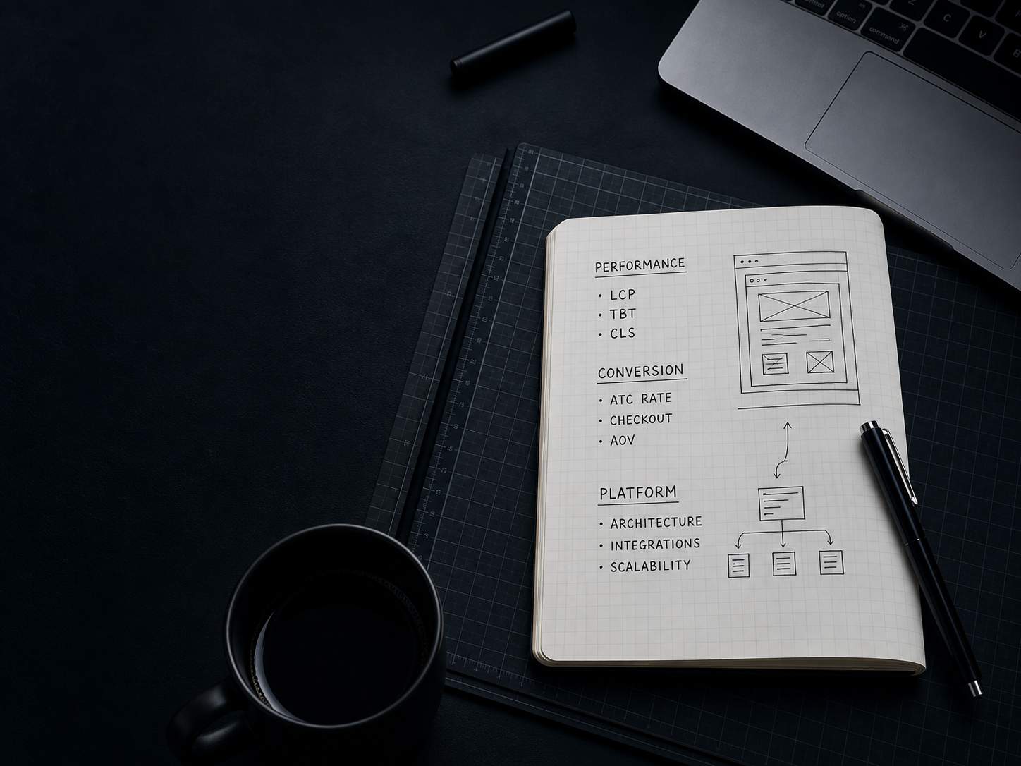 A dark workbench with a laptop and an open notebook containing ecommerce performance and platform plans